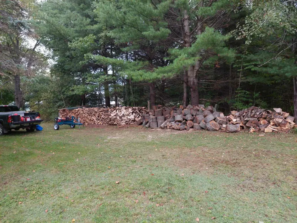 Large pile of split firewood and cut logs stacked in a clearing with a blue log splitter and pickup truck, backed by a dense forest